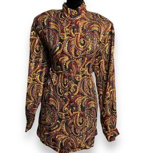 Tess Button Up Secretary Blouse Women's Medium Multicolored Paisley Vintage Top